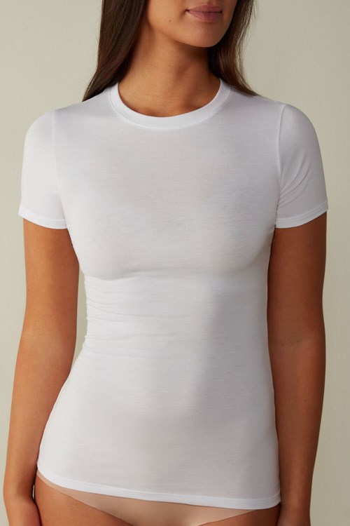 White - 001 - White Intimissimi Short-Sleeved Stretch Supima® Cotton Top | FAINP6147