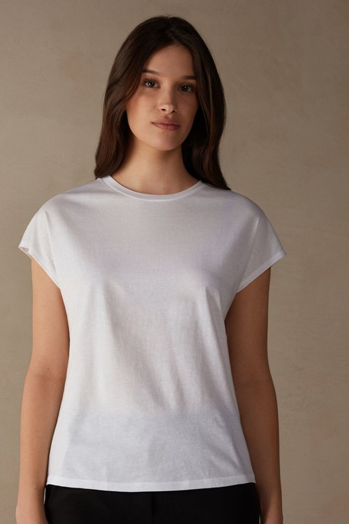 White - 001 - White Intimissimi Short Sleeve Crew Neck Top in Supima® Ultrafresh cotton | PJOBN9625