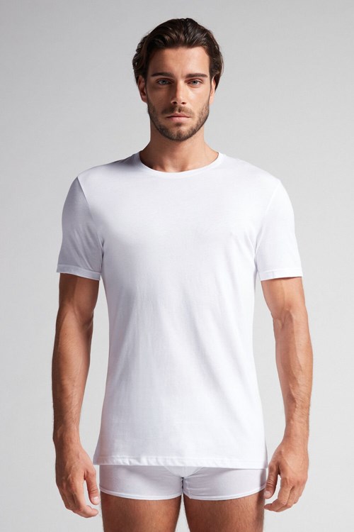 White - 001 - White Intimissimi Short Sleeve Crew Neck T Shirt in Supima® Cotton | PJOQM3958