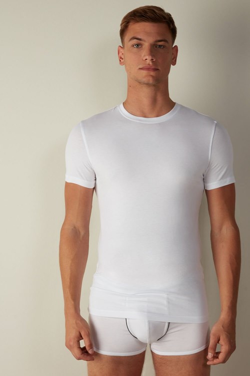 White - 001 - White Intimissimi T-shirt in Stretch Supima® Cotton | EFUJN3869