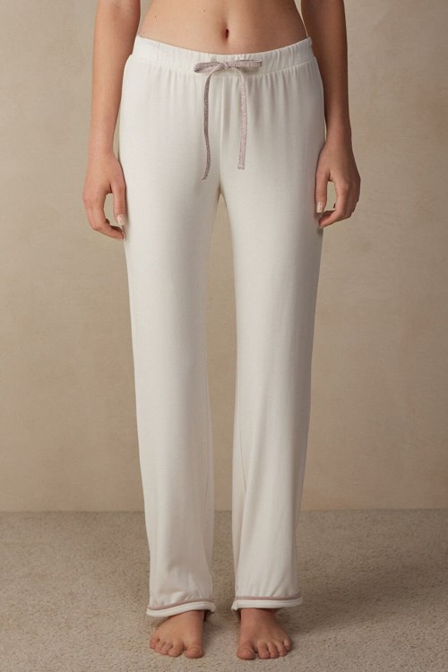 White - 157j - Powder White / Dusty Pink Intimissimi Romantic Bedroom Full Length Pants in Modal with Wool | FWKYV6015