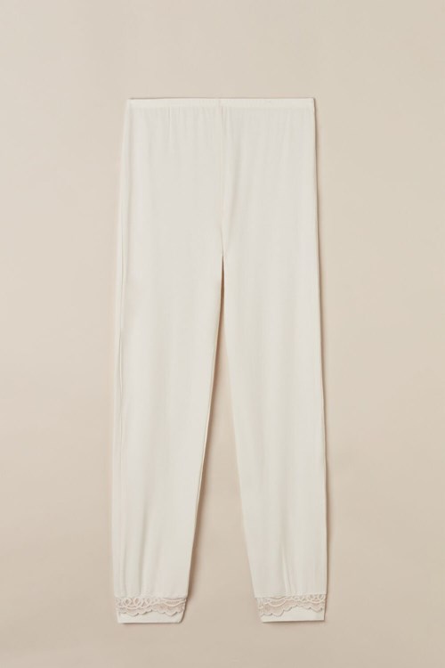 White - 157j - Powder White / Dusty Pink Intimissimi Romantic Bedroom Cuffed Full Length Pants in Modal with Wool | GXZDE3497