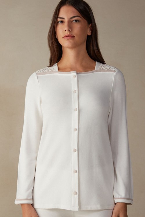 White - 157j - Powder White / Dusty Pink Intimissimi Romantic Bedroom Button Up Top in Modal with Wool | YRTWS3857