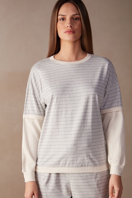 White - 224j - Heather Gray / Vanilla Beige Stripe Intimissimi Casual Sunday Long Sleeve Top | CZWNL9647