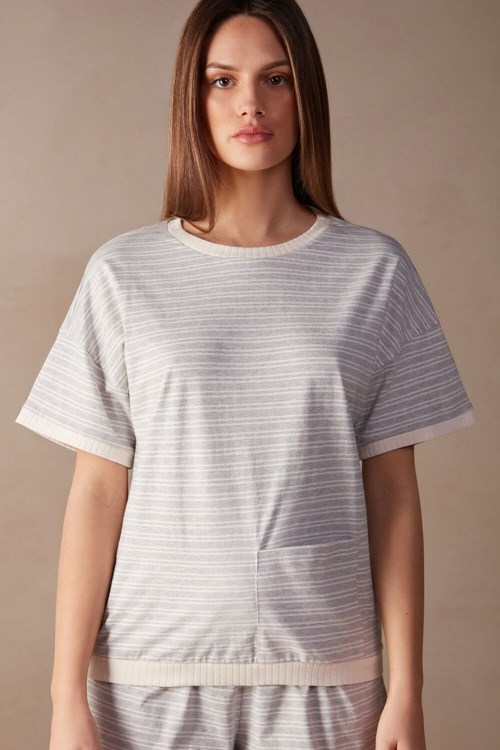 White - 224j - Heather Gray / Vanilla Beige Stripe Intimissimi Casual Sunday Short Sleeve Top | OPVJS2794