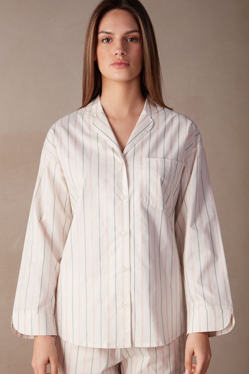 White - 225j - Ecru Beige / Pink Stripe Intimissimi Soft Spring Long Sleeve Button-Up Shirt | MTLBP7934