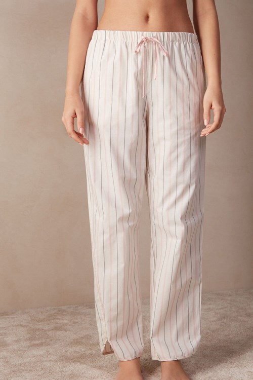 White - 225j - Ecru Beige / Pink Stripe Intimissimi Soft Spring Full Length Cotton Cloth Pants | PYZNJ3096