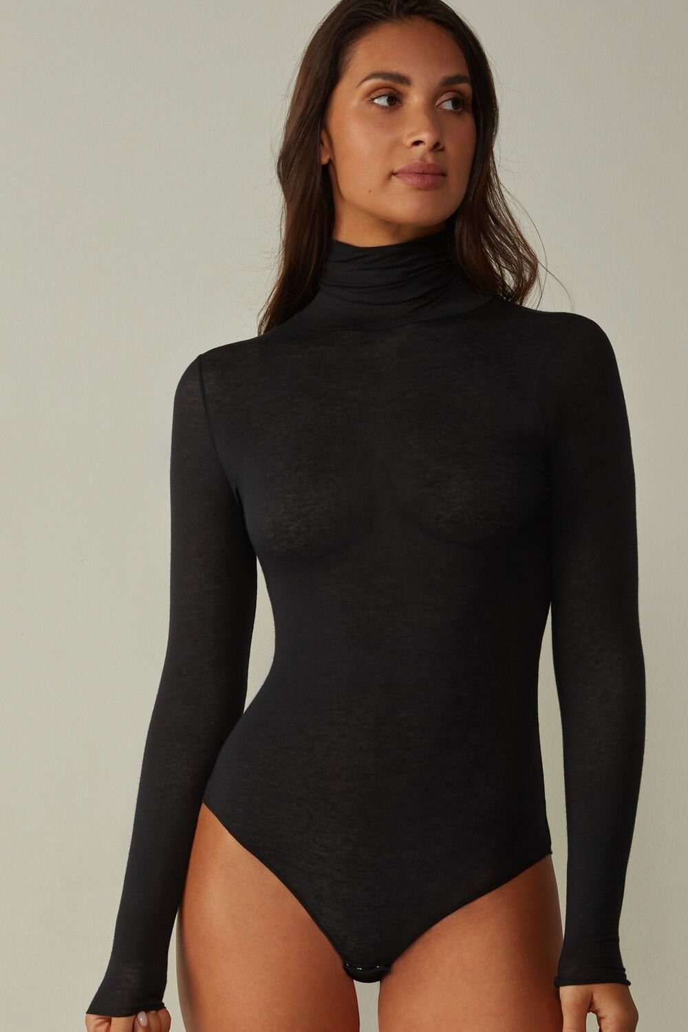 Black - 019 - Black Intimissimi High Collar Bodysuit in Modal Ultralight with Cashmere | FOGXR0237