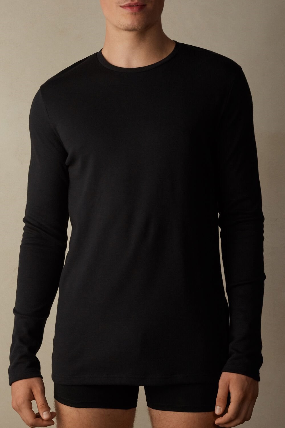 Black - 019 - Black Intimissimi Long Sleeve Top in Warm Cotton | DQFGA1084