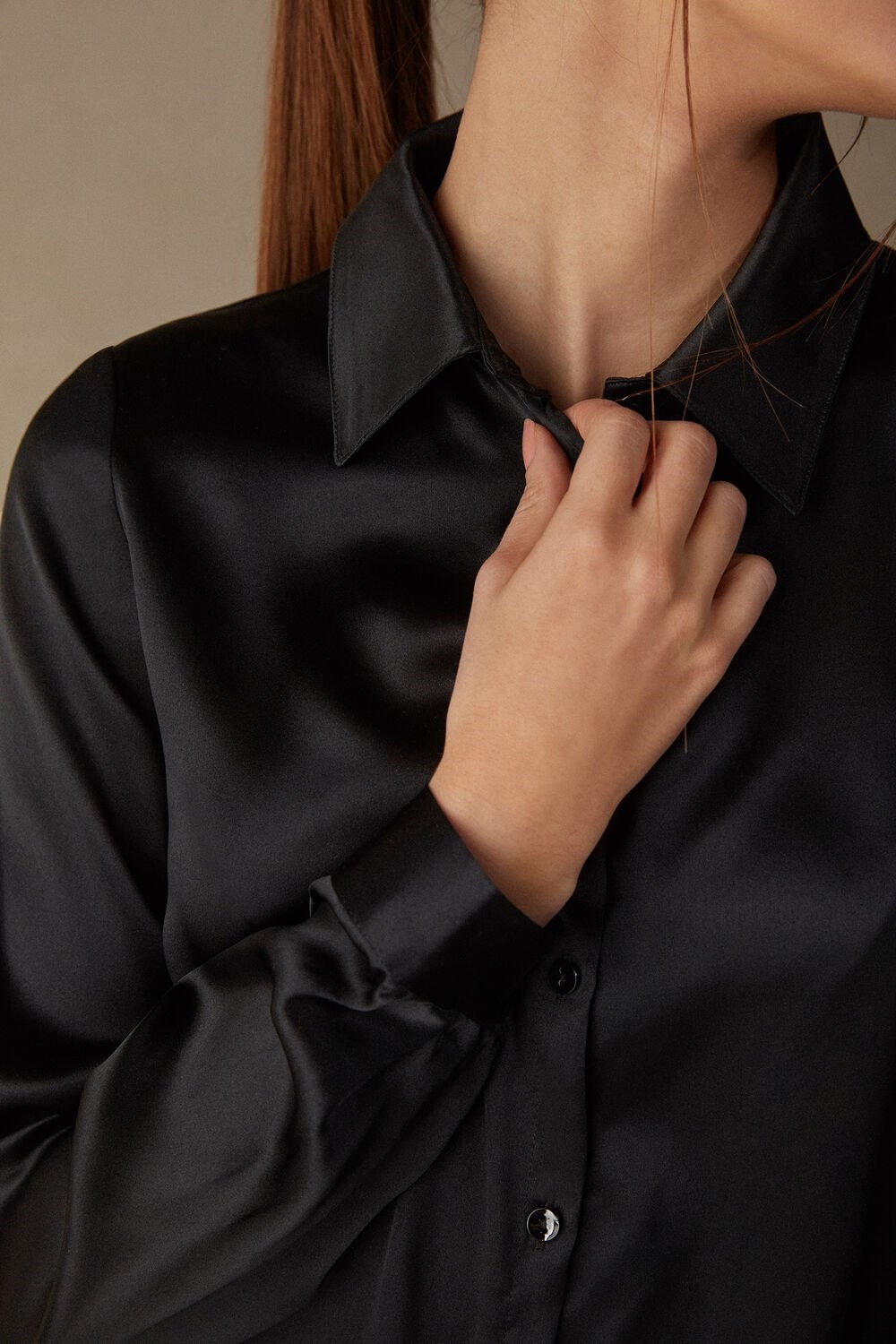 Black - 019 - Black Intimissimi Long Sleeve Silk Shirt | TWIAC1359