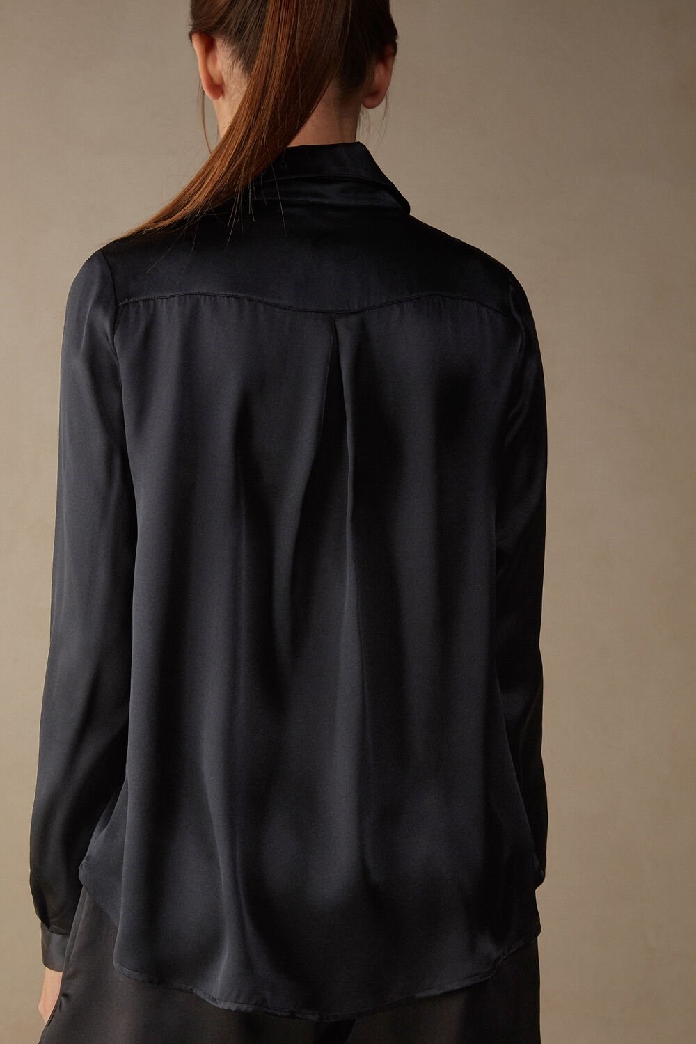 Black - 019 - Black Intimissimi Long Sleeve Silk Shirt | TWIAC1359