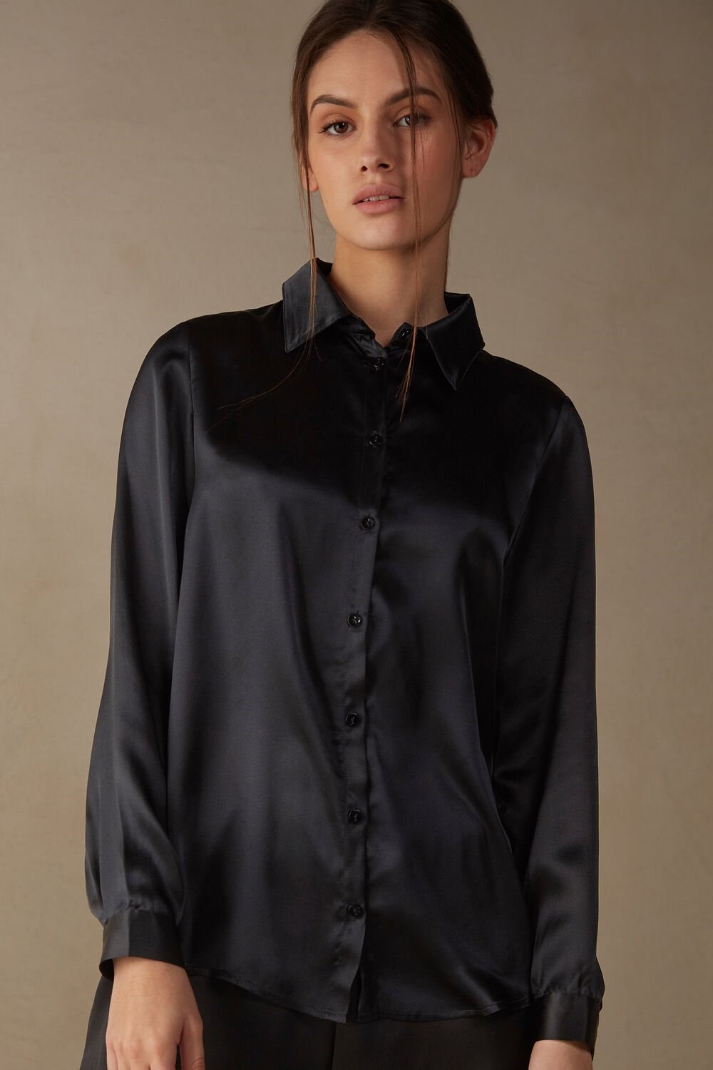 Black - 019 - Black Intimissimi Long Sleeve Silk Shirt | TWIAC1359