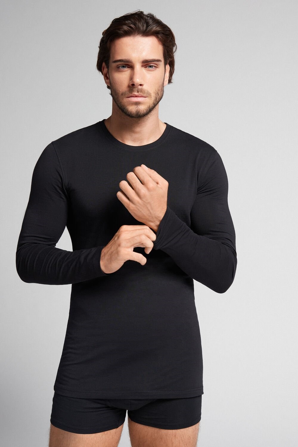 Black - 019 - Black Intimissimi Long-Sleeve Stretch Supima Cotton Top | WCERG0231