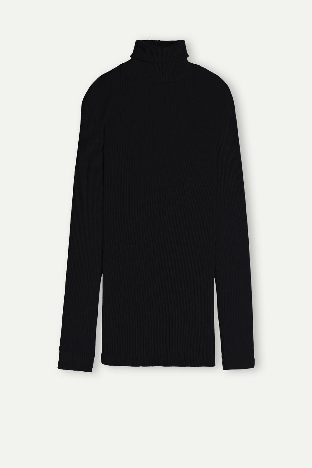 Black - 019 - Black Intimissimi Long-sleeve High-Neck Tubular Top in Wool and Silk | IBCSN7962