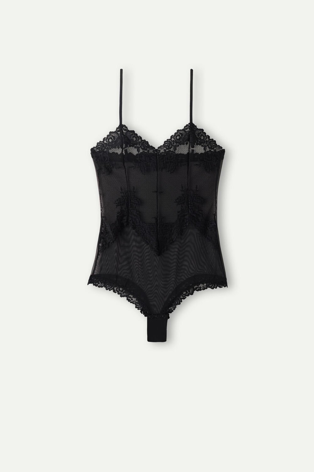 Black - 019 - Black Intimissimi Pretty Flowers Tulle and Lace Bodysuit | ZBAGX5136