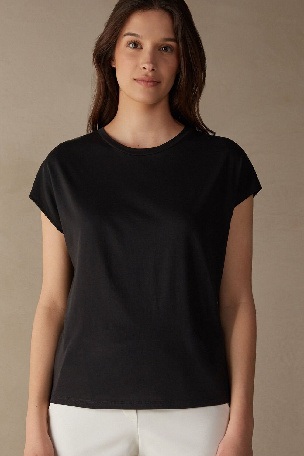 Black - 019 - Black Intimissimi Short Sleeve Crew Neck Top in Supima® Ultrafresh cotton | CVTJM4930