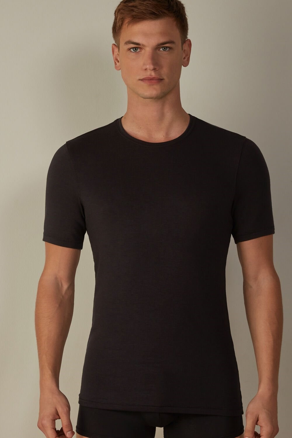 Black - 019 - Black Intimissimi Short-Sleeve Modal-Cashmere Top | LCOUY3260