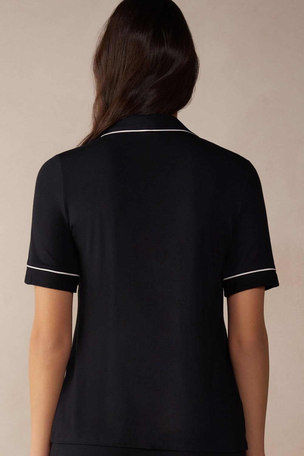 Black - 019 - Black Intimissimi Short Sleeve Button Up Shirt in Modal | OPJQF6905