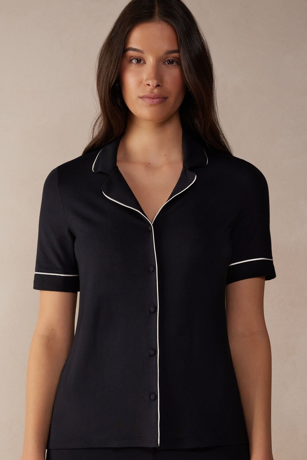 Black - 019 - Black Intimissimi Short Sleeve Button Up Shirt in Modal | OPJQF6905