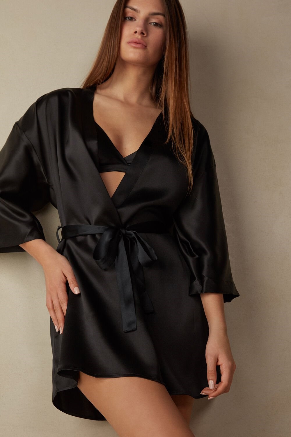 Black - 019 - Black Intimissimi Silk Kimono | EKMFW4905