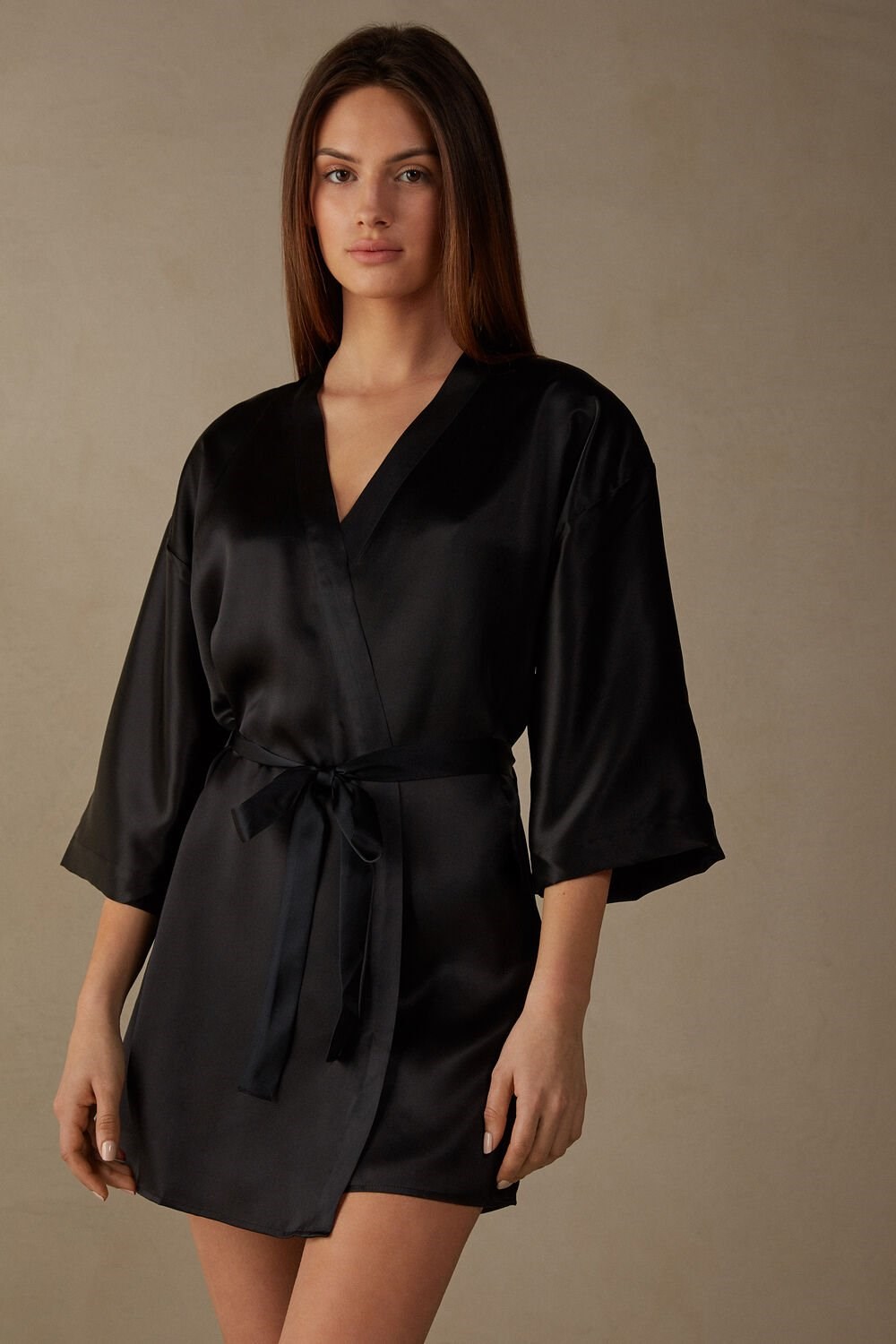 Black - 019 - Black Intimissimi Silk Kimono | EKMFW4905