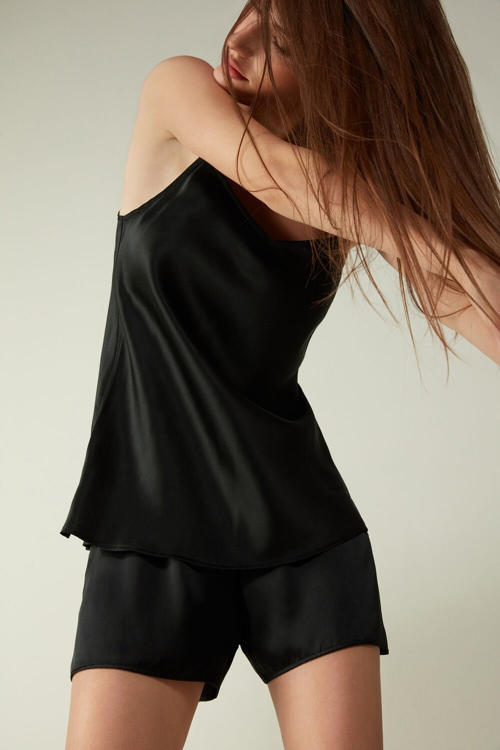 Black - 019 - Black Intimissimi Silk Satin Top with V-neckline | WVZJT3725