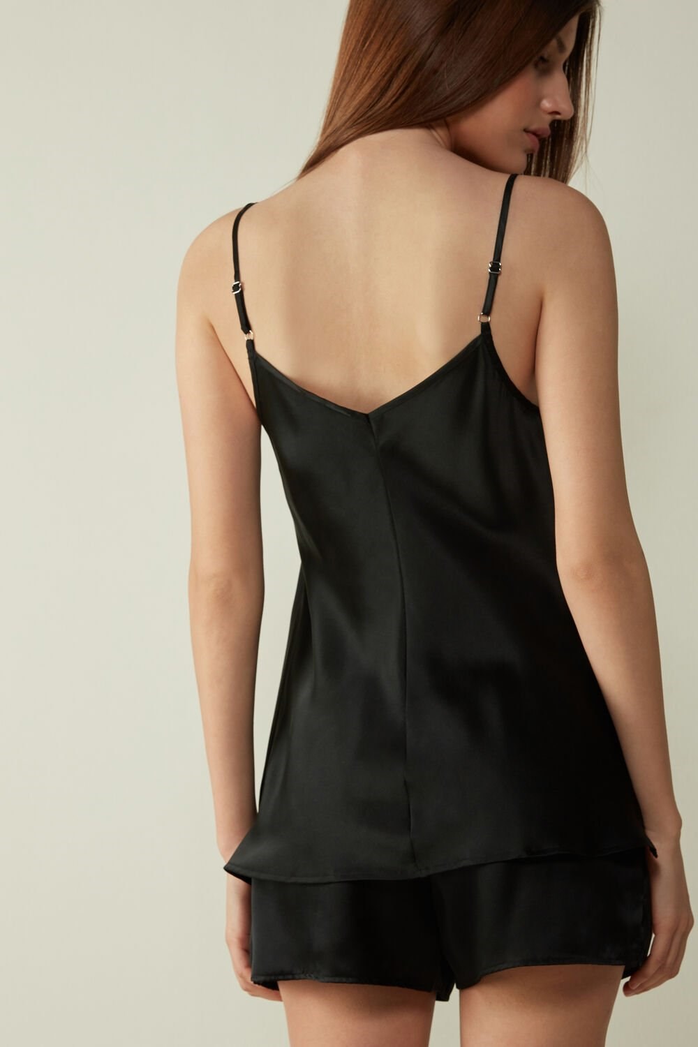 Black - 019 - Black Intimissimi Silk Satin Top with V-neckline | WVZJT3725