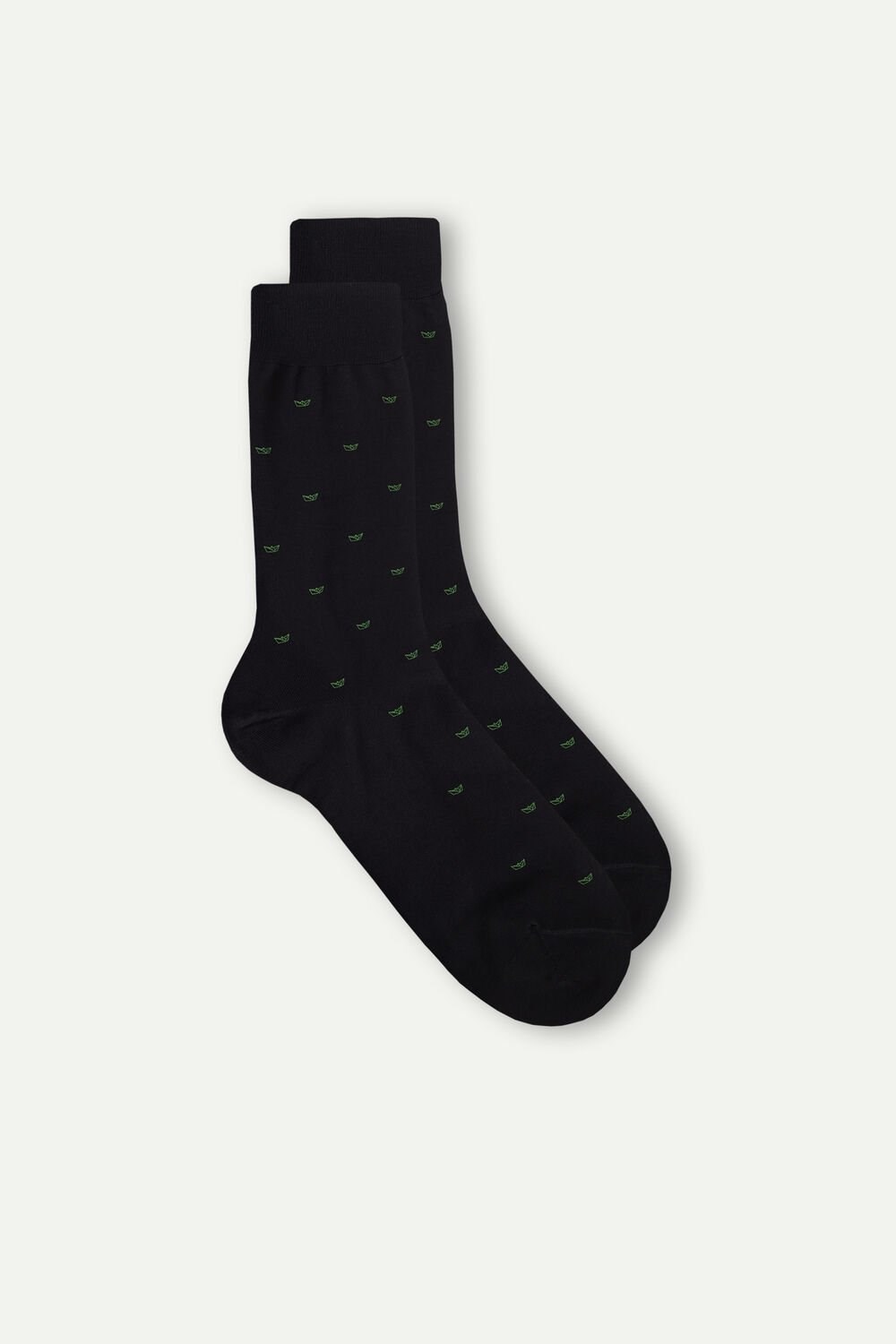 Black - 195j - Black Paper Boats Print Intimissimi Men’s Short Socks in Patterned Lisle Cotton | YPMLS6827