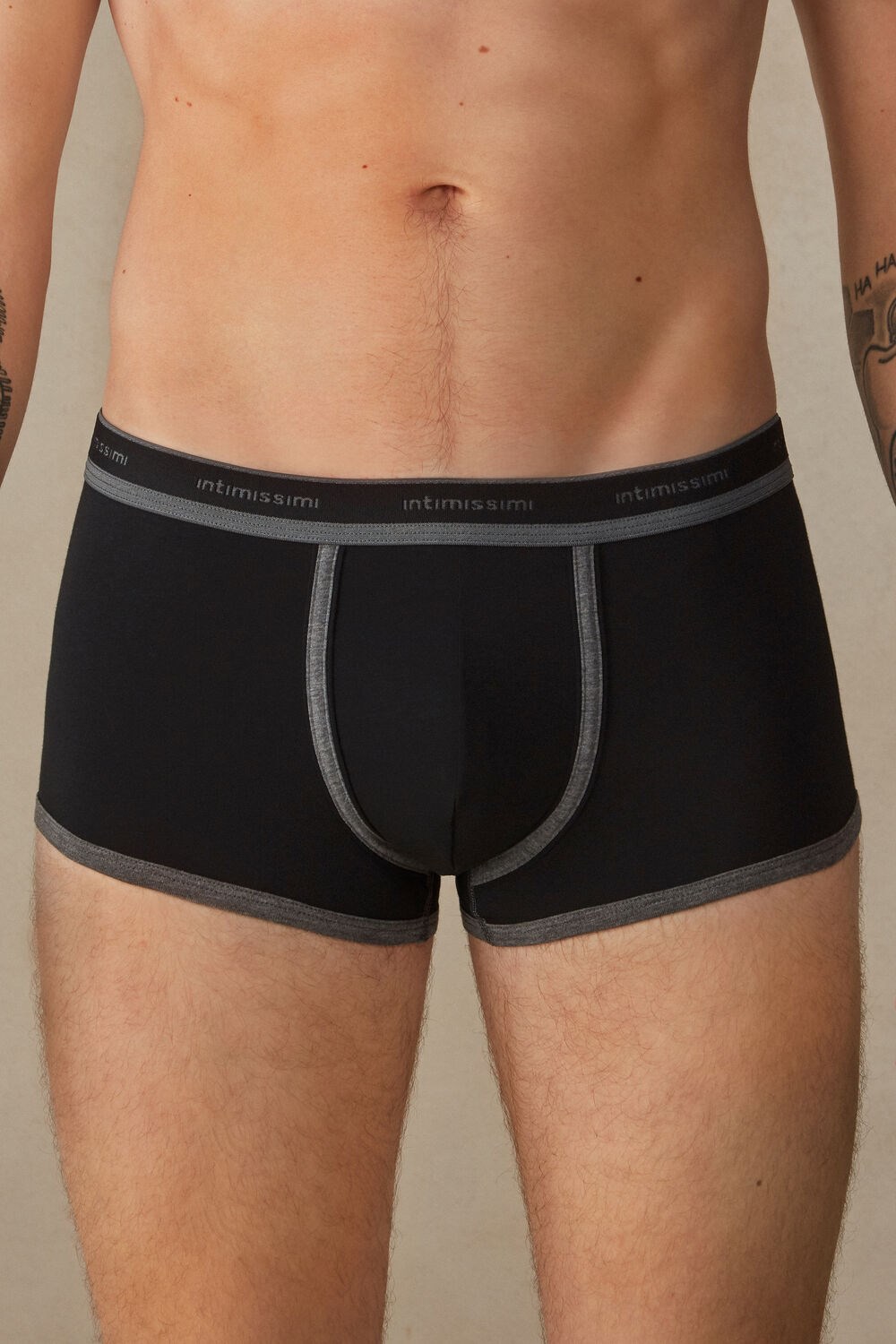 Black - 385i - Black / Graphite Blend Intimissimi Stretch Supima® Cotton Boxer Shorts with Logo Detail | SDWPV4890