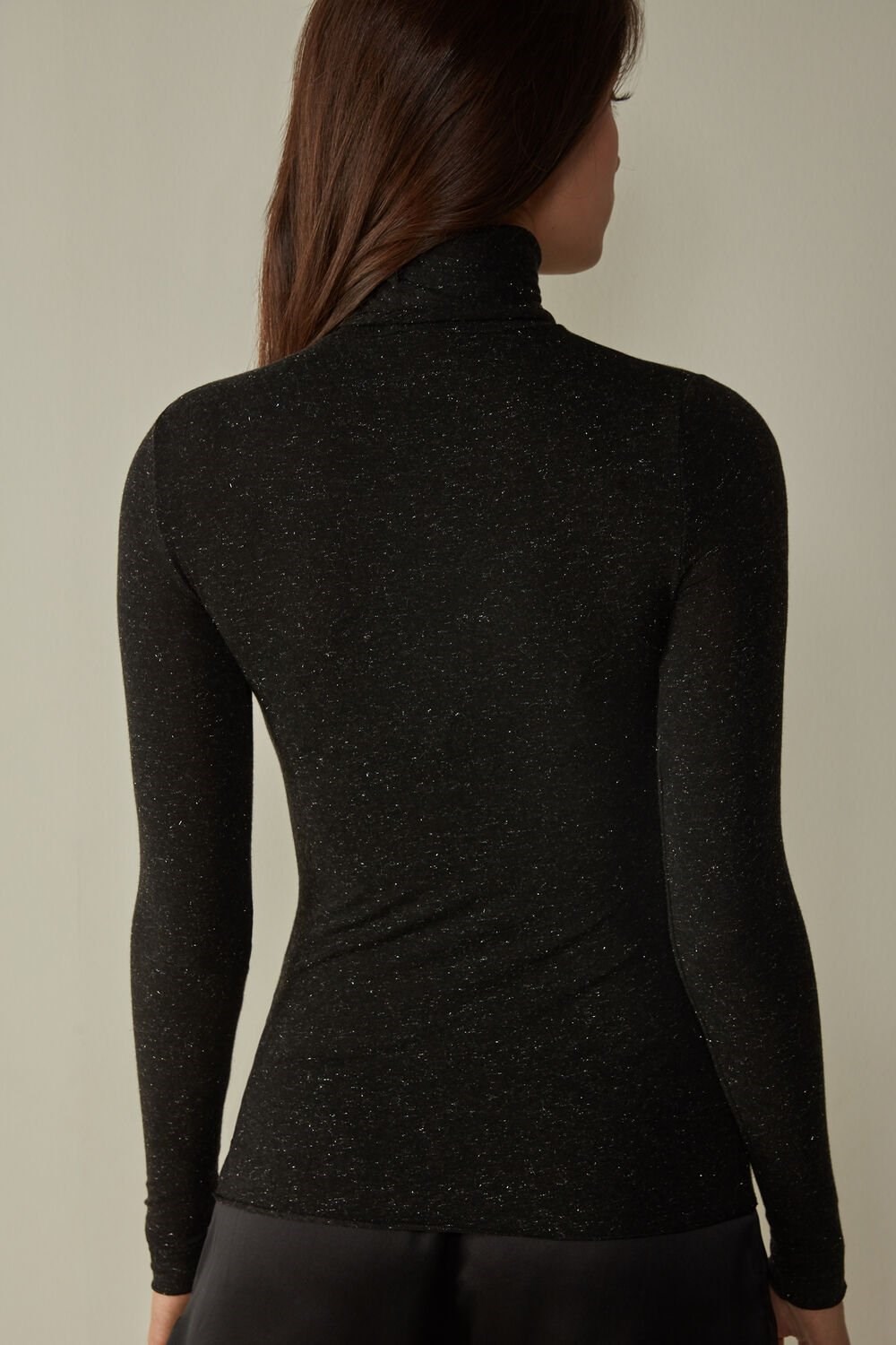 Black - 5079 - Black Lamé Intimissimi Turtleneck Top in Modal Light with Cashmere Lamé | COXHD0249