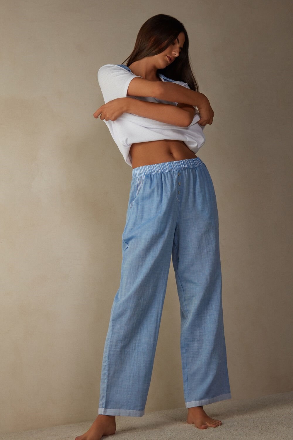 Blue - 006j - Light Blue Intimissimi Early in the Morning Cotton Cloth Pants | BQOIK1053