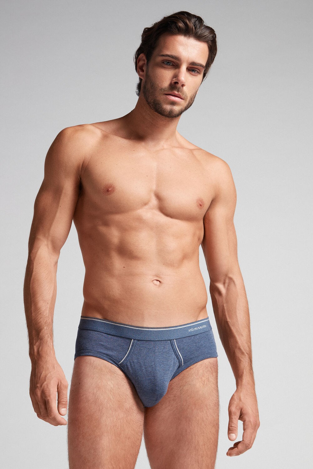 Blue - 081i - Denim Blue Blend / Light Grey Blend Intimissimi Supima Cotton Briefs with Visible Elastic | RTYFL5062