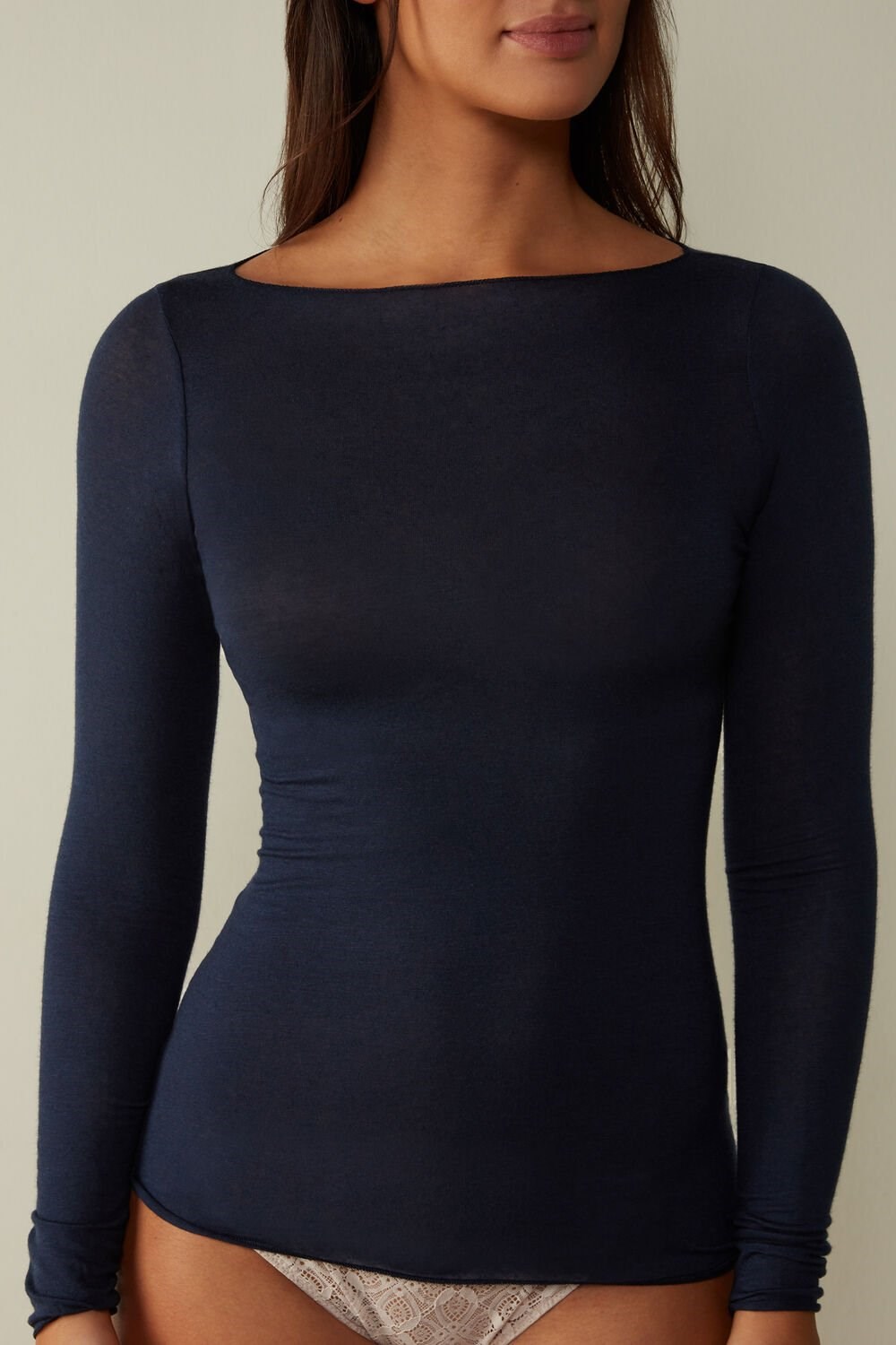 Blue - 1467 - Intense Blue Intimissimi Boat Neck Modal Cashmere Ultralight Top | BQRDZ9504