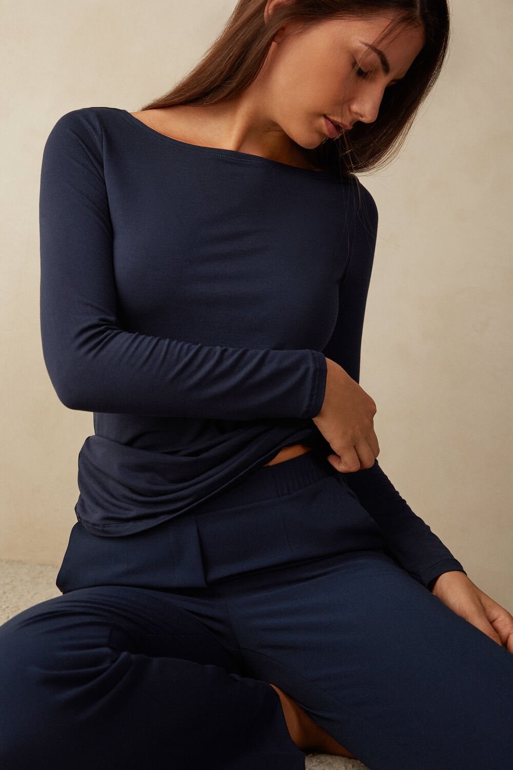 Blue - 1467 - Intense Blue Intimissimi Long Sleeve Bateau Neck Top in Micromodal | DHVBJ7452