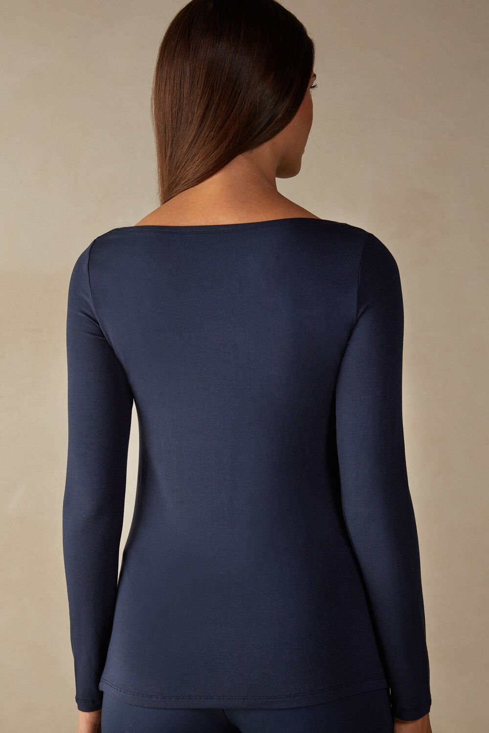 Blue - 1467 - Intense Blue Intimissimi Long Sleeve Bateau Neck Top in Micromodal | DHVBJ7452