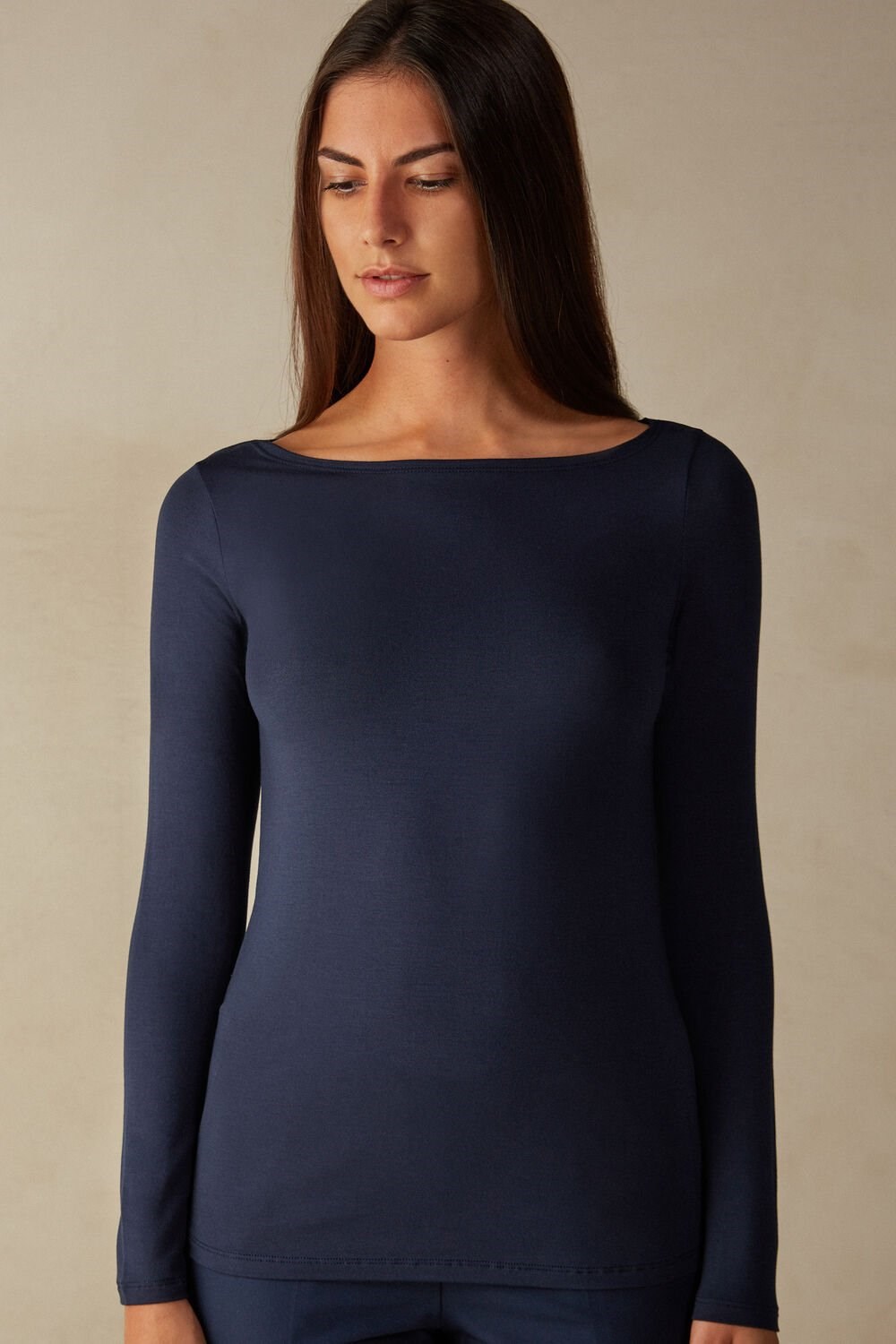 Blue - 1467 - Intense Blue Intimissimi Long Sleeve Bateau Neck Top in Micromodal | DHVBJ7452