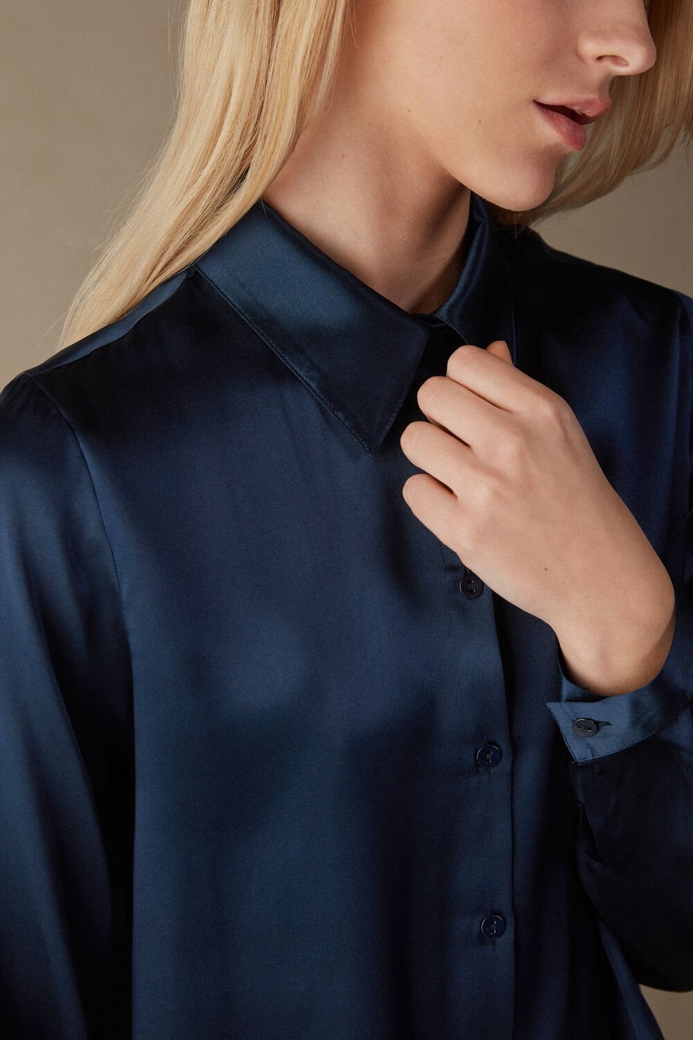 Blue - 1467 - Intense Blue Intimissimi Long Sleeve Silk Shirt | MOXCY4058