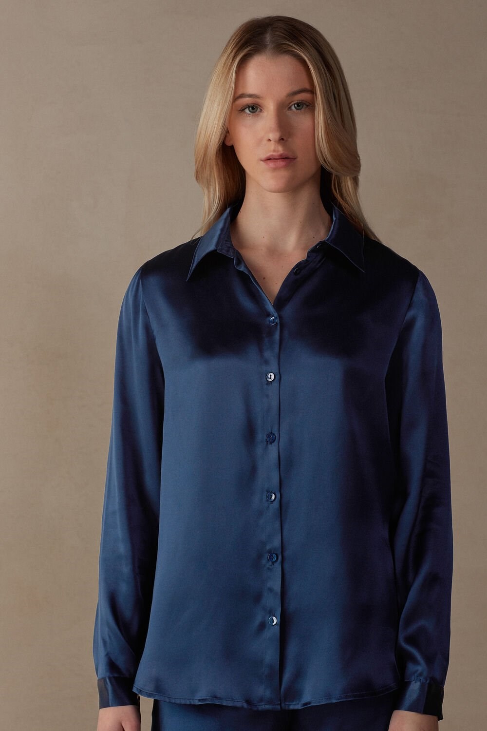 Blue - 1467 - Intense Blue Intimissimi Long Sleeve Silk Shirt | MOXCY4058