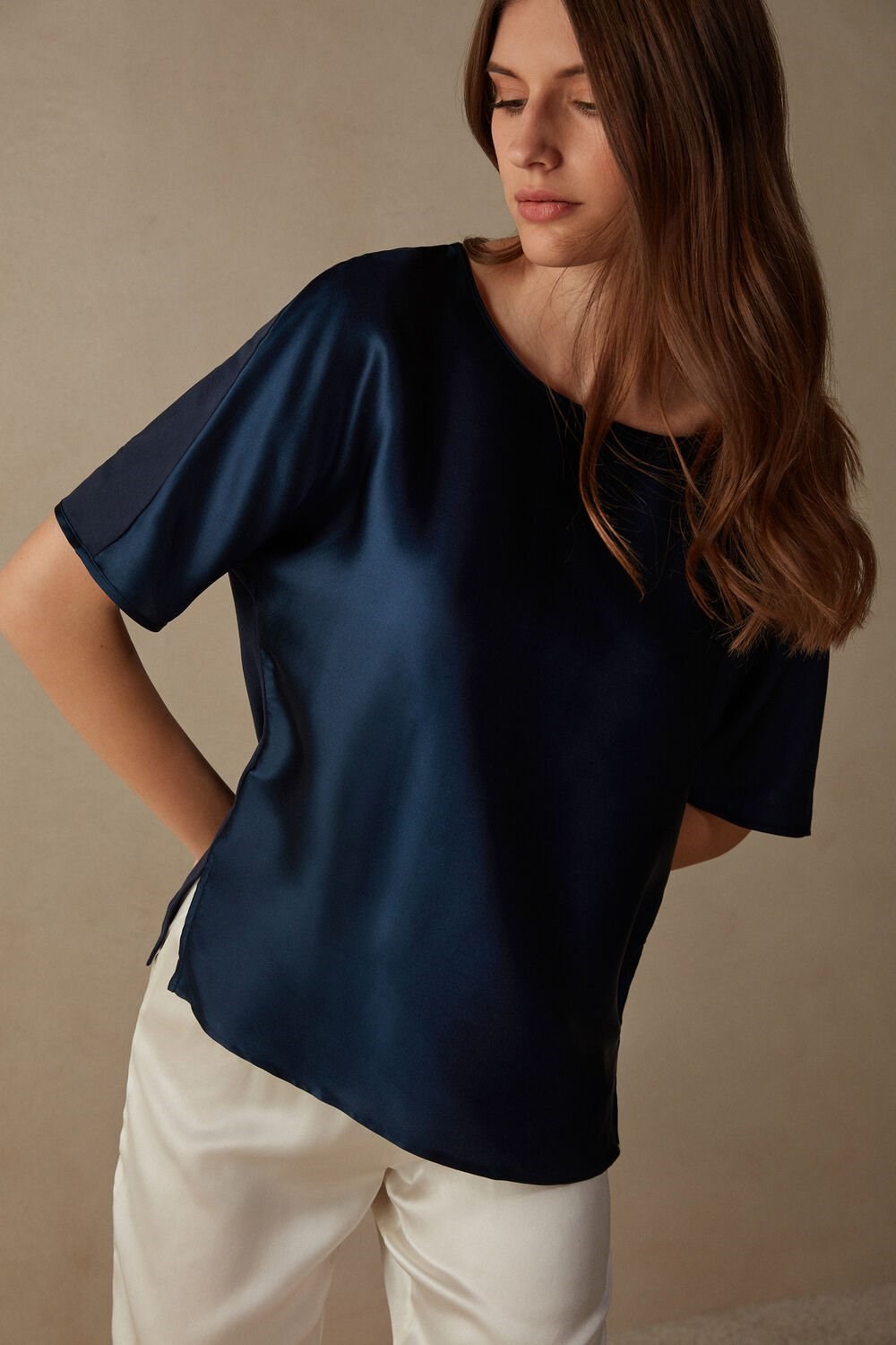 Blue - 1467 - Intense Blue Intimissimi Short Sleeve Silk and Modal Top | FXWRP4592