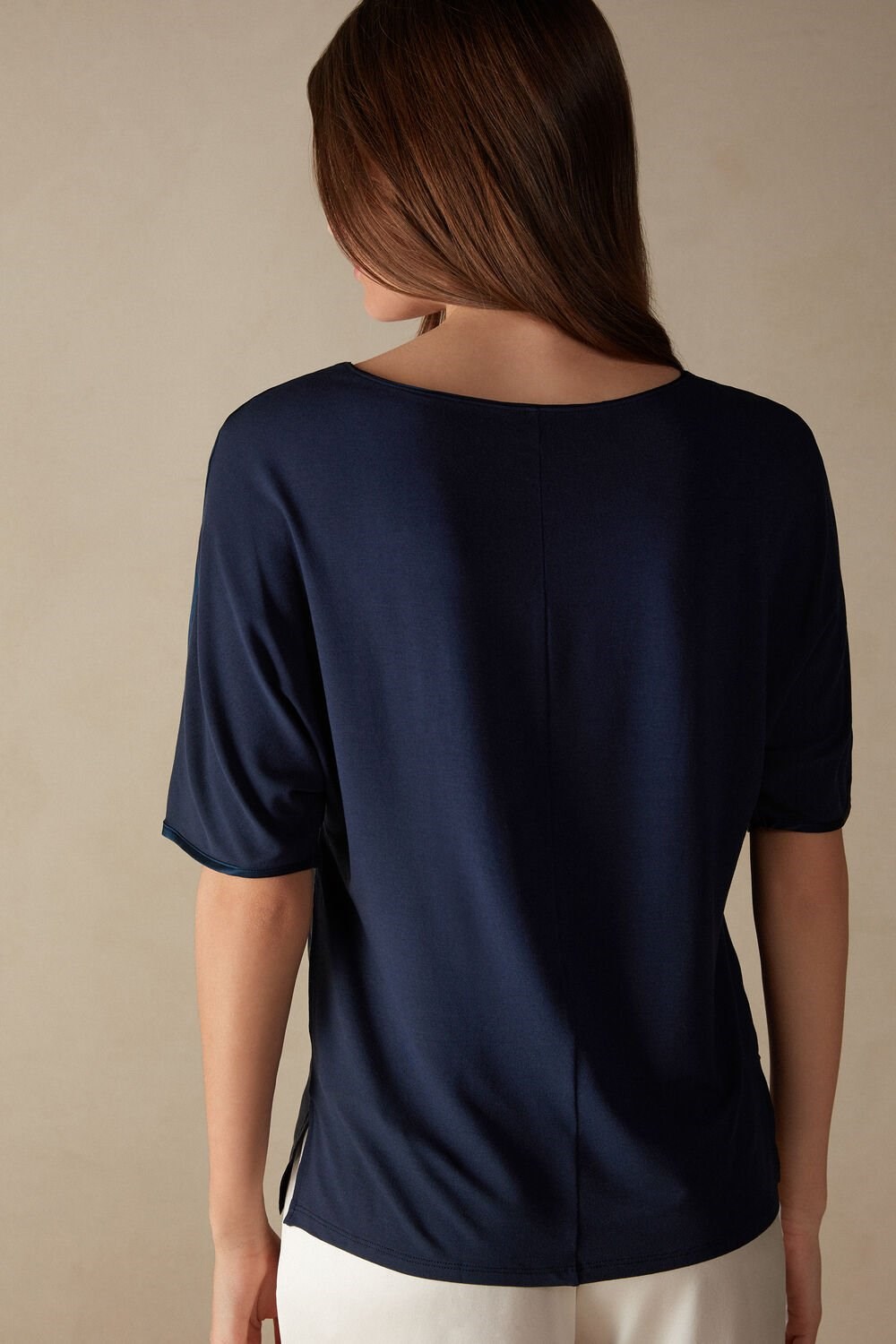 Blue - 1467 - Intense Blue Intimissimi Short Sleeve Silk and Modal Top | FXWRP4592