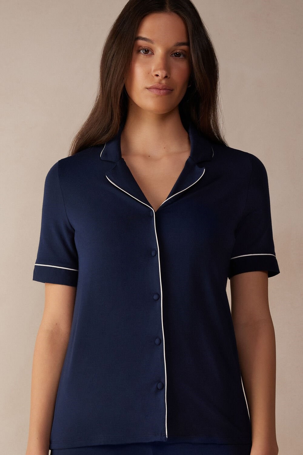 Blue - 1467 - Intense Blue Intimissimi Short Sleeve Button Up Shirt in Modal | XVGIH9467