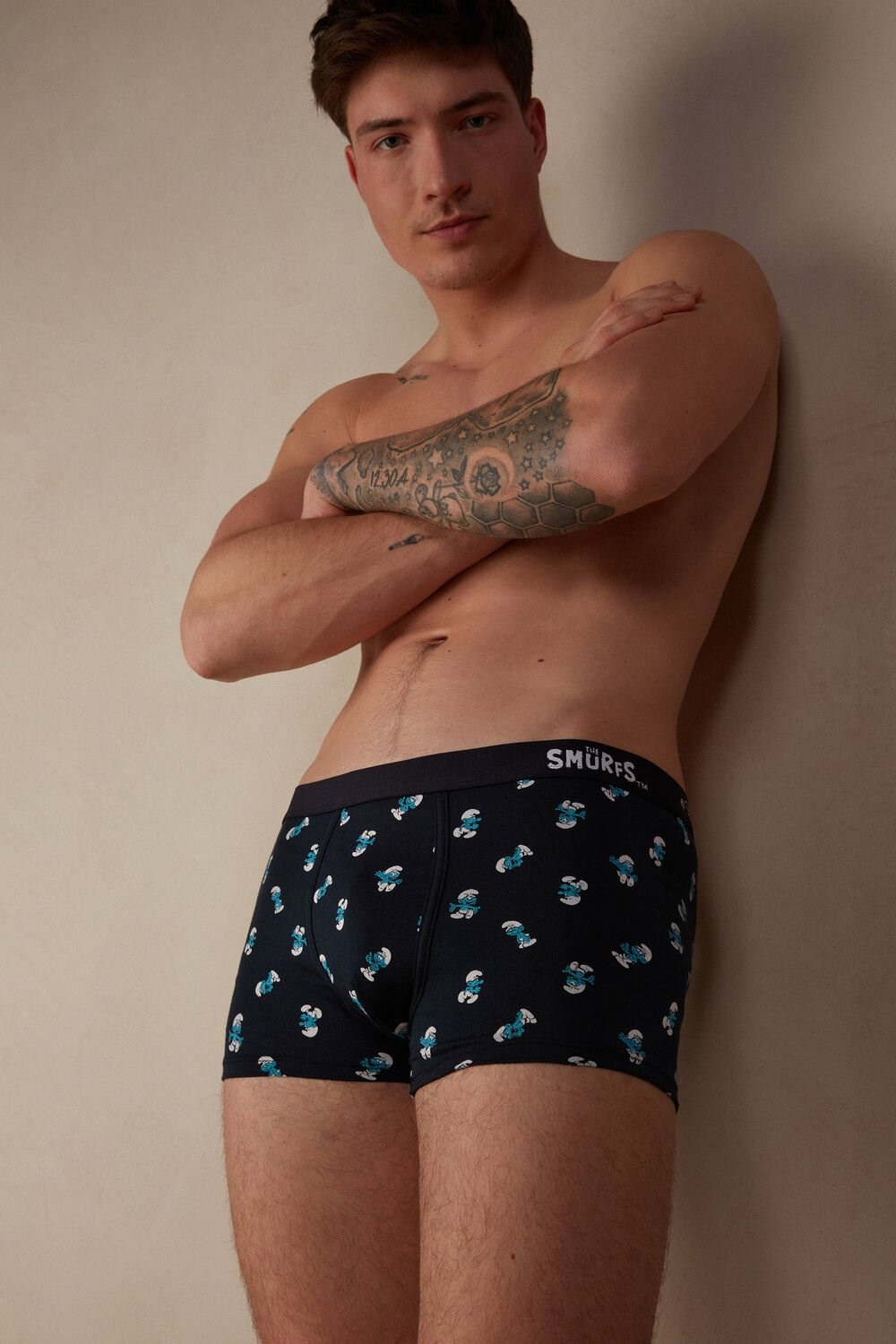 Blue - 174j - Midnight Blue Smurfs Print Intimissimi Smurf Boxers in Stretch Supima® Cotton | AQRMY4958