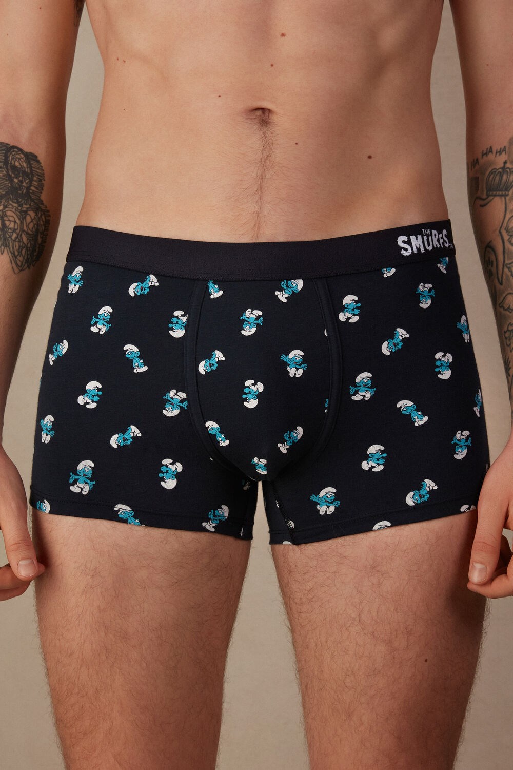 Blue - 174j - Midnight Blue Smurfs Print Intimissimi Smurf Boxers in Stretch Supima® Cotton | AQRMY4958