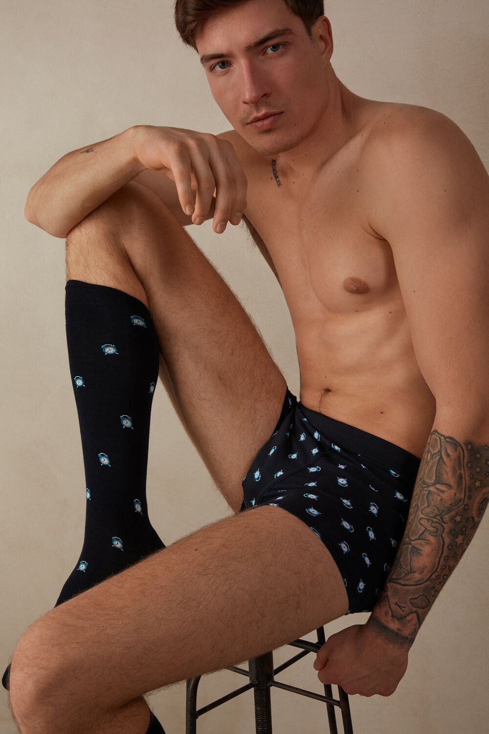 Blue - 183j - Midnight Blue Alarms Print Intimissimi Alarm Clock Boxers in Stretch Supima® Cotton | FYCQJ7218