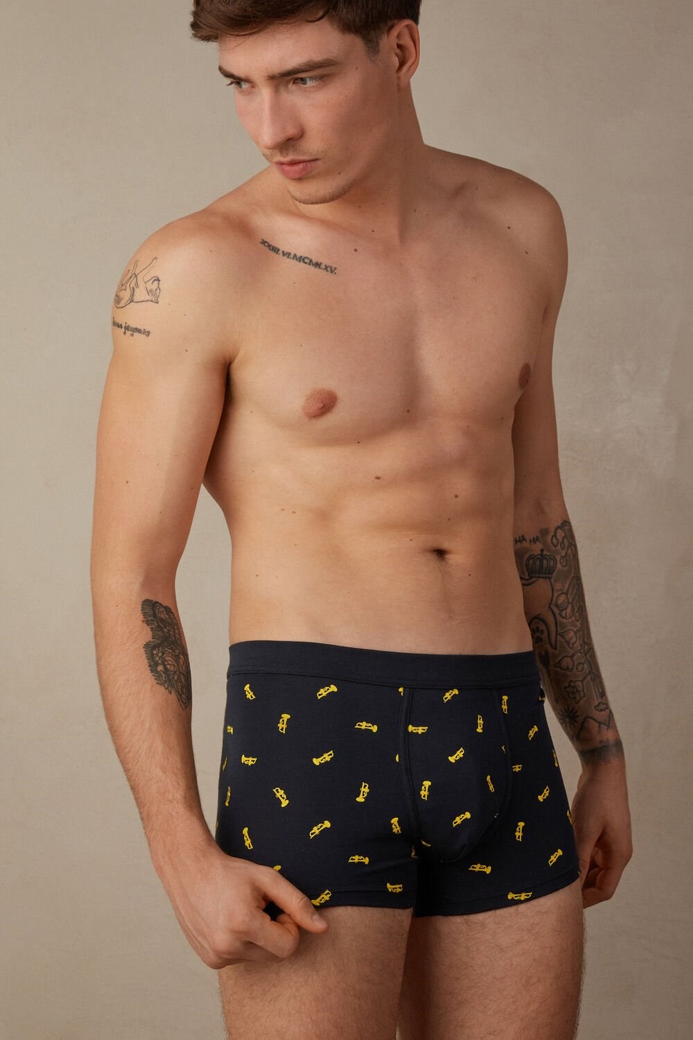 Blue - 184j - Midnight Blue Trumpets Print Intimissimi Trumpet Boxers Stretch Supima® Cotton | RKCYJ7682