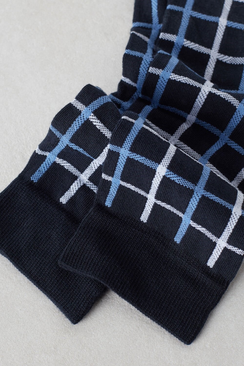 Blue - 187j - Dark Blue Check Intimissimi Short Socks in Patterned Cotton | IKVWR9801