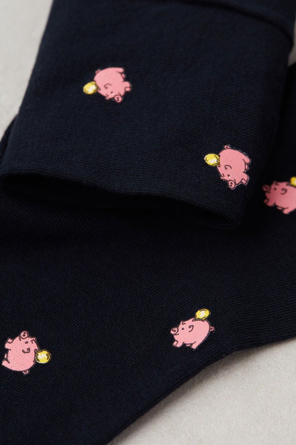 Blue - 190j - Dark Blue Piggy Bank Print Intimissimi Short Socks in Patterned Cotton | JKDNL9124