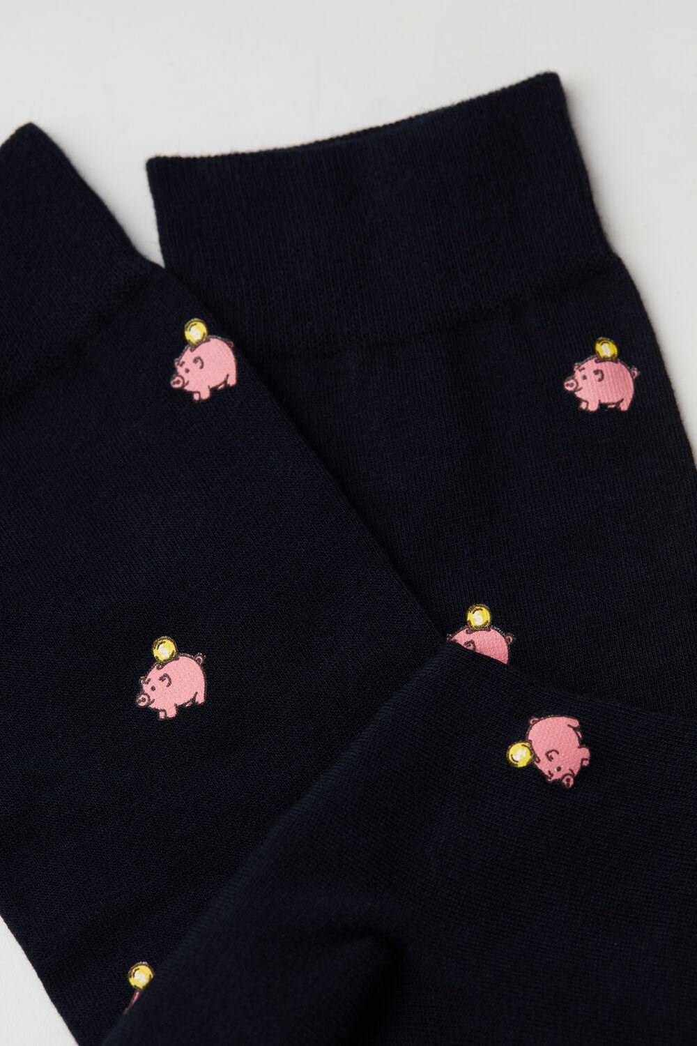 Blue - 190j - Dark Blue Piggy Bank Print Intimissimi Short Socks in Patterned Cotton | JKDNL9124