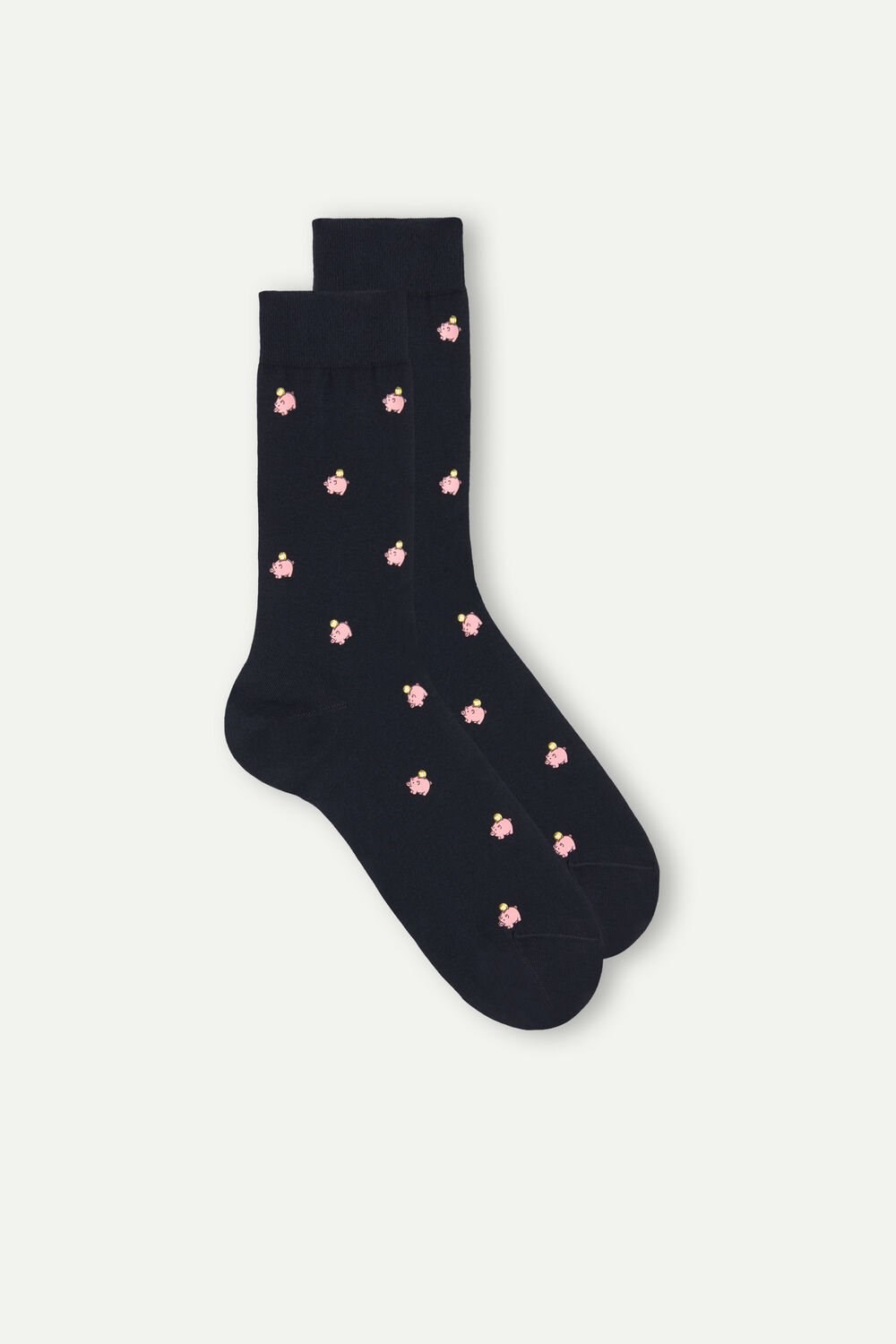 Blue - 190j - Dark Blue Piggy Bank Print Intimissimi Short Socks in Patterned Cotton | JKDNL9124