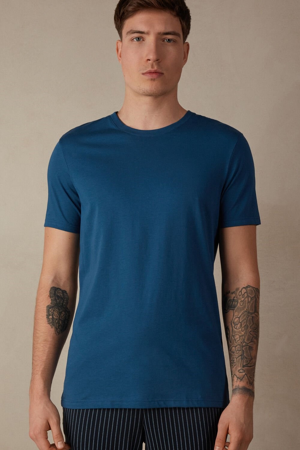 Blue - 202j - Mist Blue Intimissimi Short Sleeve Crew Neck T Shirt in Supima® Cotton | BUFXP6807